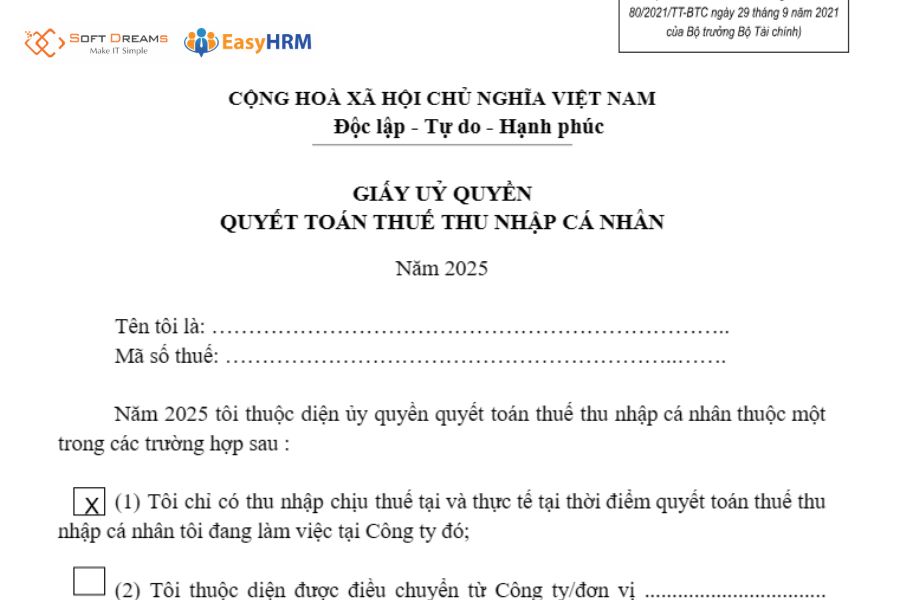 Mẫu giấy ủy quyền quyết toán thuế thu nhập cá nhân