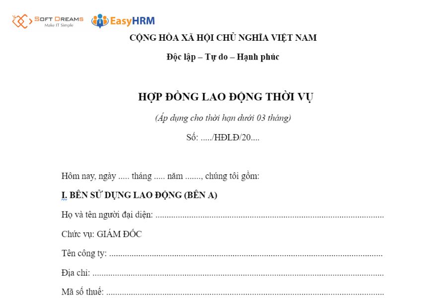 Mẫu hợp đồng lao động thời vụ dưới 3 tháng