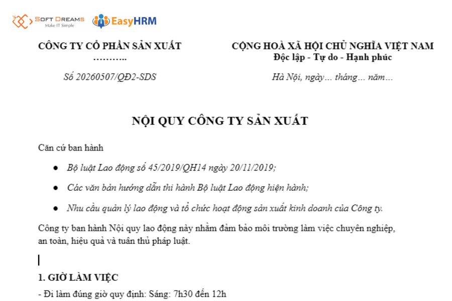 Mẫu nội quy công ty sản xuất