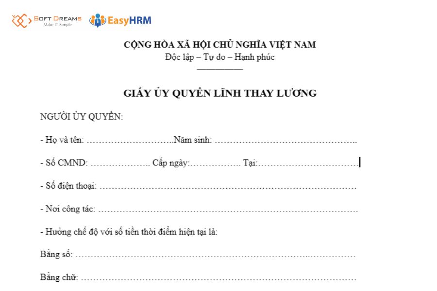 Mẫu ủy quyền lĩnh thay lương