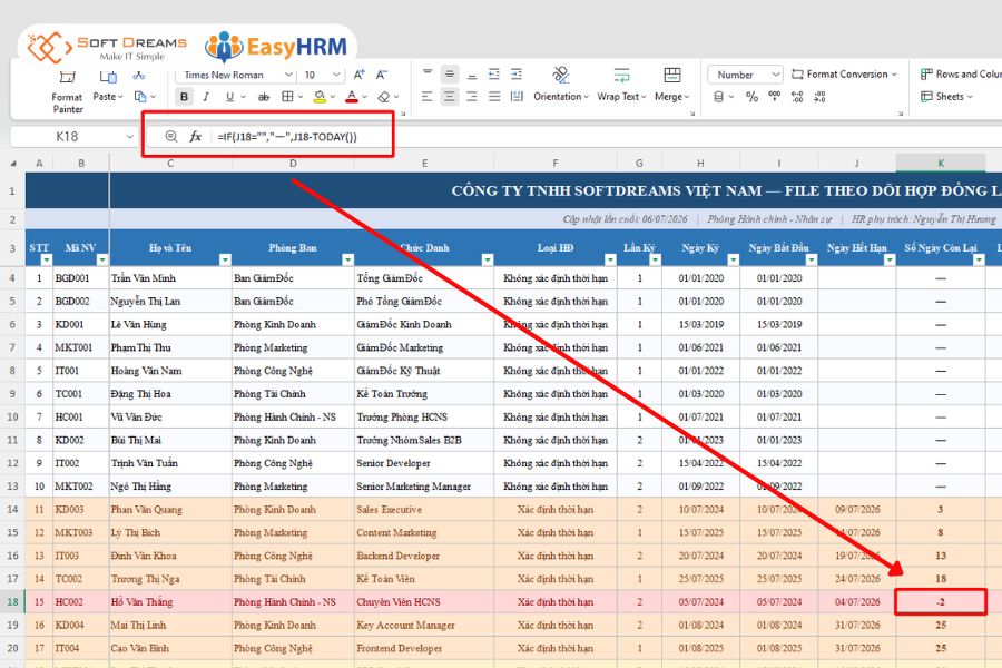 Công thức excel tính số ngày còn lại