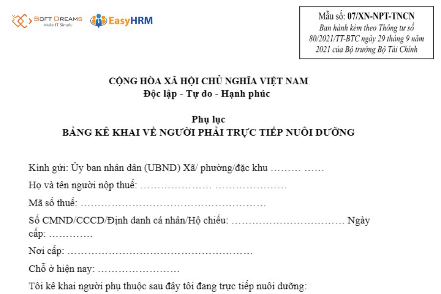 Mẫu đăng ký người phụ thuộc mới nhất