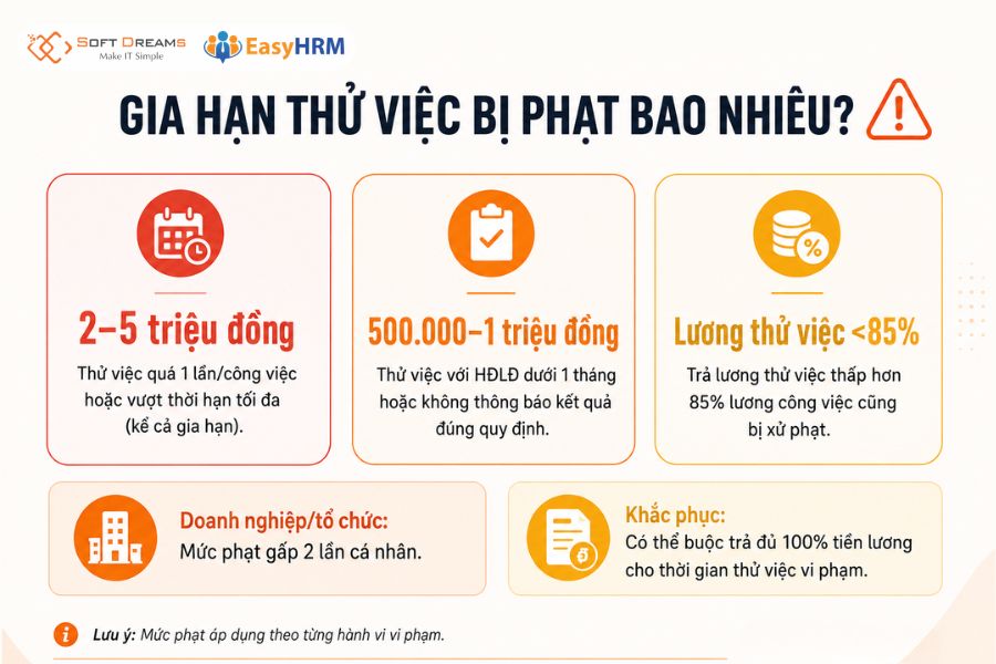 Gia hạn hoặc kéo dài thời gian thử việc bị phạt bao nhiêu