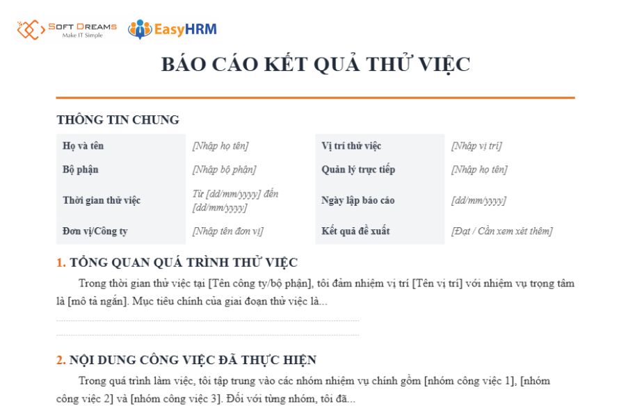 Mẫu báo cáo thử việc file Word