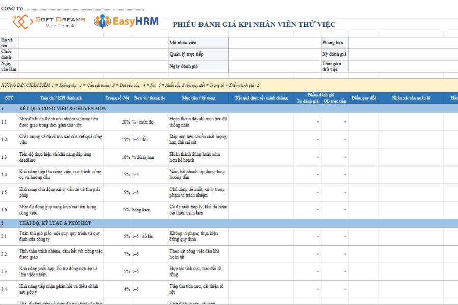 Mẫu đánh giá KPI nhân viên thử việc
