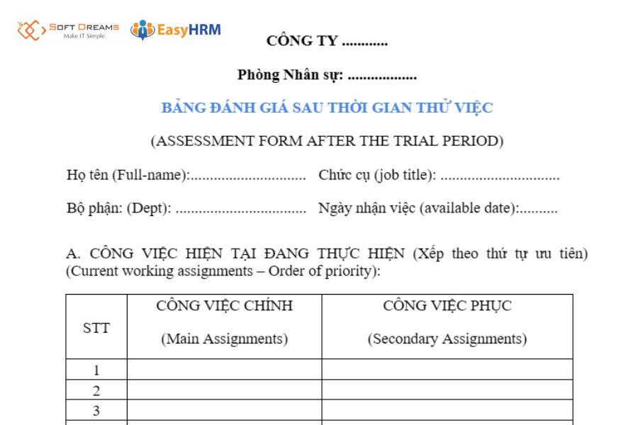Mẫu đánh giá nhân viên thử việc theo thang điểm