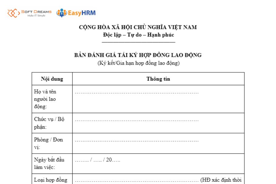 Mẫu đánh giá tái ký hợp đồng lao động
