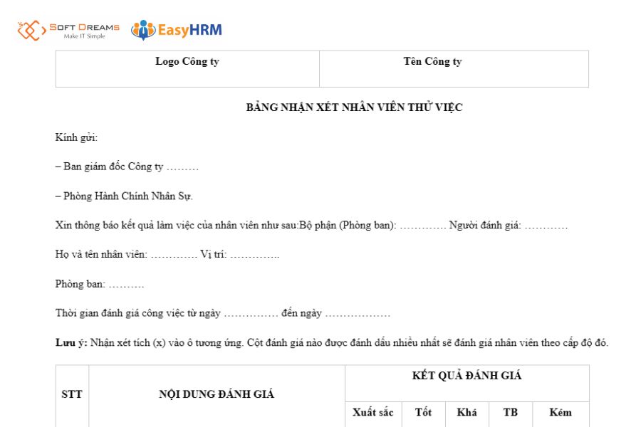 Mẫu đánh giá thử việc dành cho nhân viên