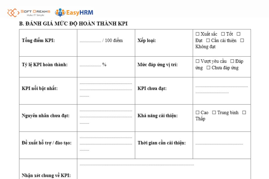 Mẫu đánh giá thử việc theo KPI