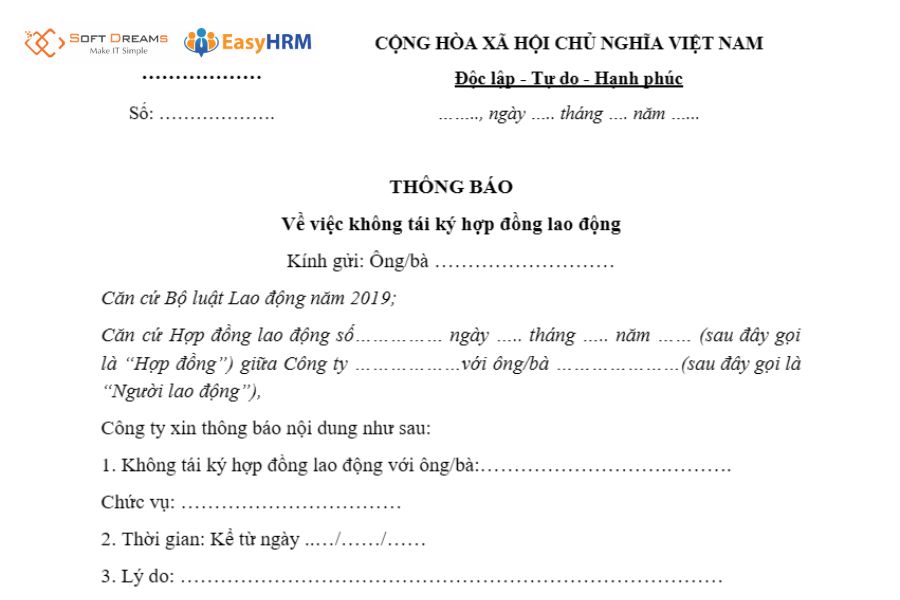 Mẫu thông báo không tái ký hợp đồng lao động