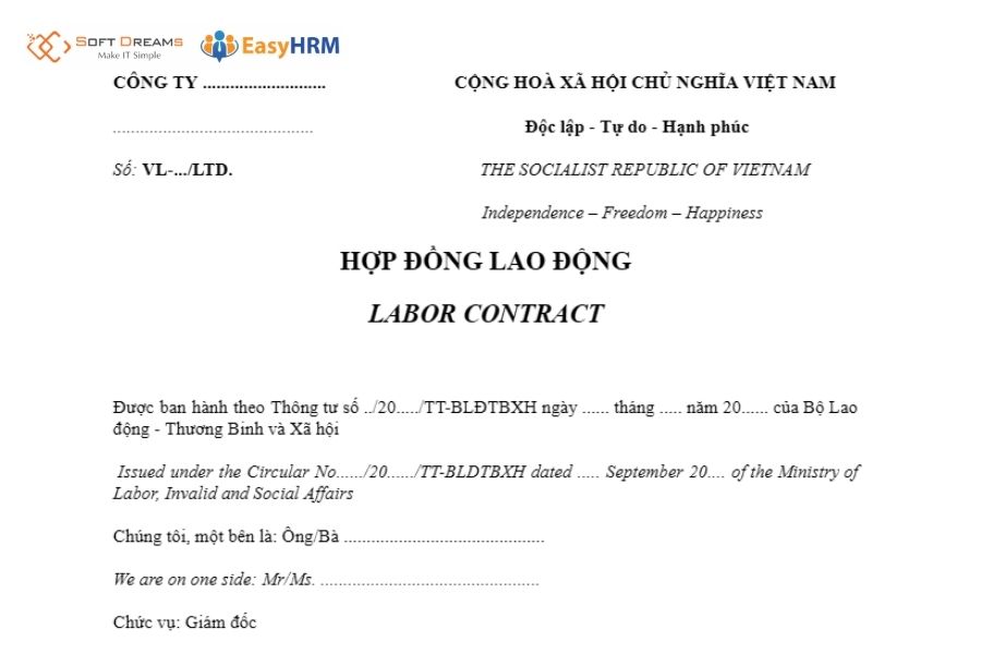 Mẫu hợp đồng lao động với người nước ngoài song ngữ