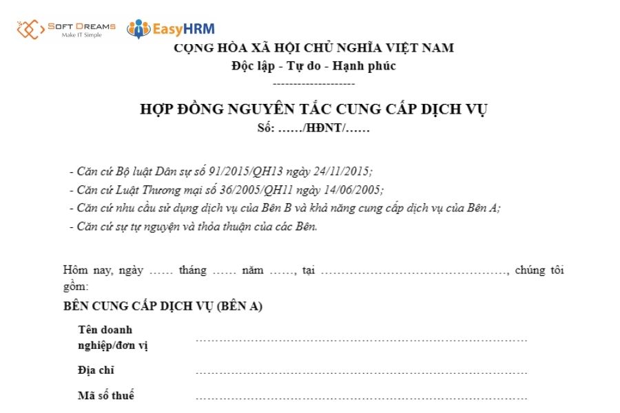 Mẫu hợp đồng nguyên tắc cung cấp dịch vụ