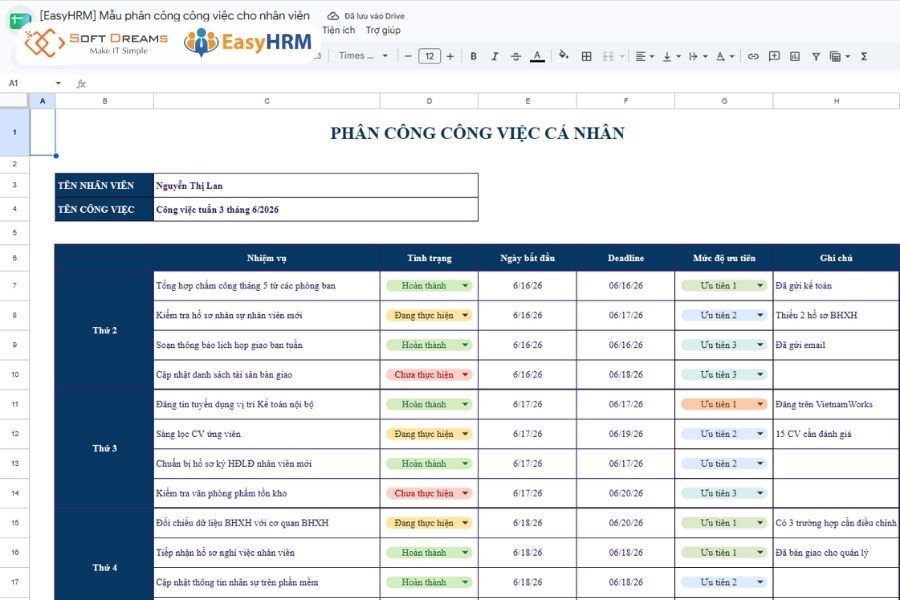 Mẫu phân công công việc cho nhân viên bằng Excel