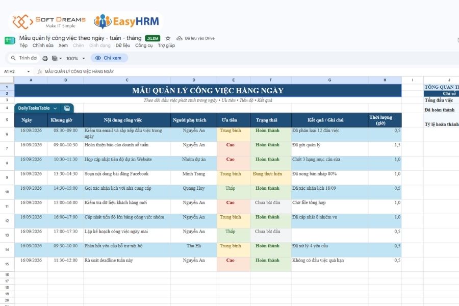 Mẫu quản lý công việc hàng ngày bằng Excel