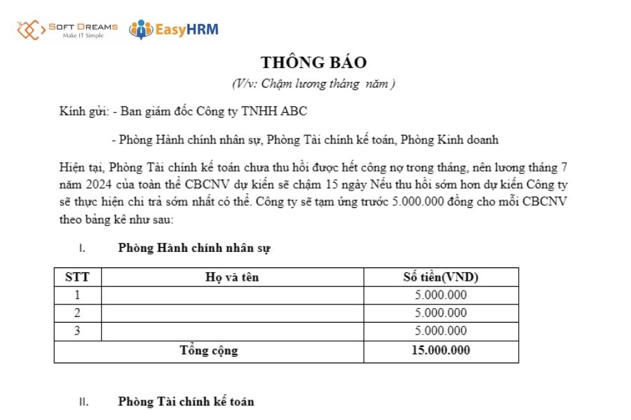 Mẫu thông báo chậm lương kèm phương án tạm ứng