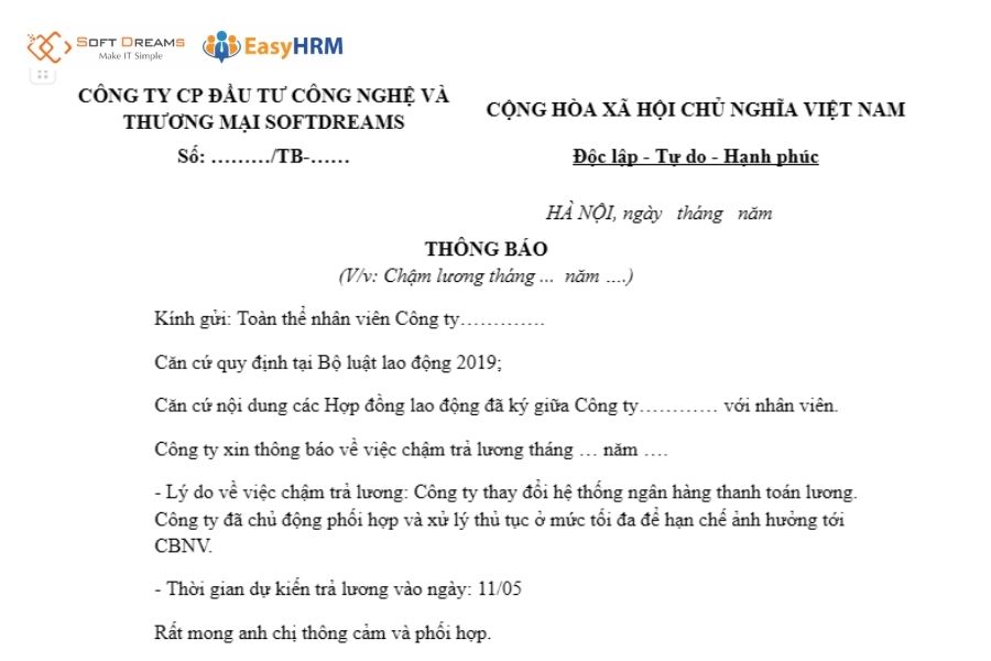 Mẫu thông báo chi trả lương chậm do sự cố ngân hàng
