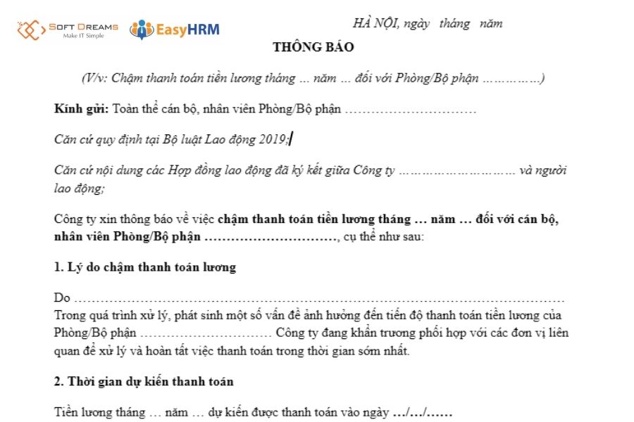 Mẫu thông báo trả chậm lương cho một bộ phận/phòng ban