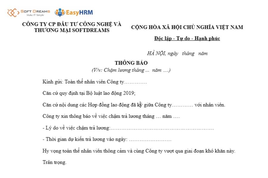 Mẫu thông báo trả chậm lương cơ bản