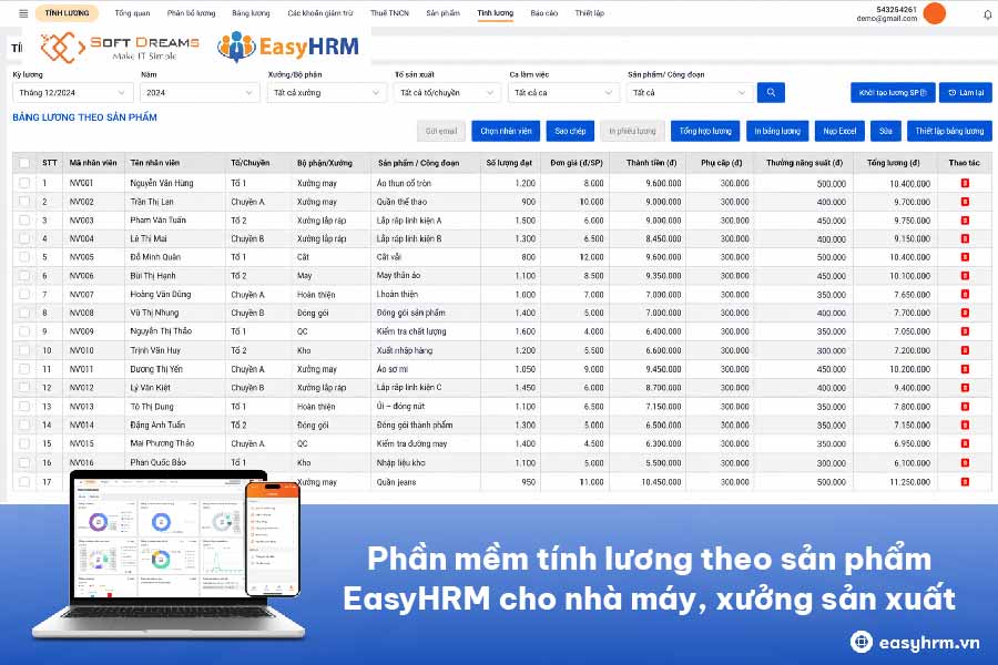 Phần mềm tính lương theo sản phẩm EasyHRM cho nhà máy, xưởng sản xuất